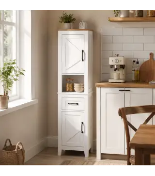 Armario de Baño Alto y Estrecho Rústico con Cajón Estante Abierto Puertas y Estantes Ajustables 34,5x30x148 cm Blanco