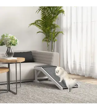 Rampa para Mascotas de Madera con Alfombra Antideslizante para Perros Pequeños o Mayores 125x40x35,5 cm Blanco y Gris