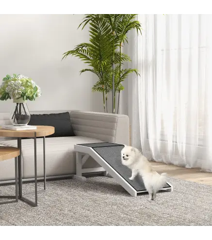 Rampa para Mascotas de Madera con Alfombra Antideslizante para Perros Pequeños o Mayores 125x40x35,5 cm Blanco y Gris