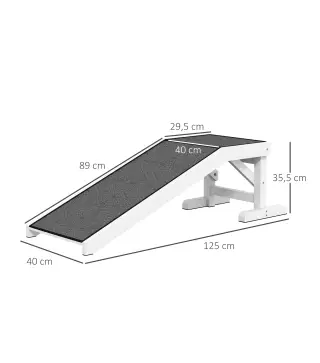 Rampa para Mascotas de Madera con Alfombra Antideslizante para Perros Pequeños o Mayores 125x40x35,5 cm Blanco y Gris