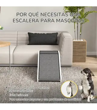 Rampa para Mascotas de Madera con Alfombra Antideslizante para Perros Pequeños o Mayores 125x40x35,5 cm Blanco y Gris