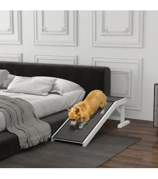 Rampa para Mascotas de Madera con Alfombra Antideslizante para Perros Pequeños o Mayores 125x40x35,5 cm Blanco y Gris