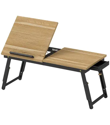 Mesa Reclinable para Cama y Sofá Bandeja Plegable con Cajón Lateral para Ordenador Portátil Libros Cinco Alturas Roble