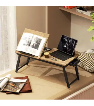 Mesa Reclinable para Cama y Sofá Bandeja Plegable con Cajón Lateral para Ordenador Portátil Libros Cinco Alturas Roble