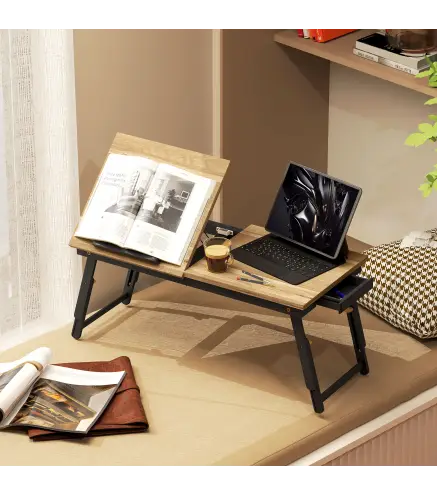Mesa Reclinable para Cama y Sofá Bandeja Plegable con Cajón Lateral para Ordenador Portátil Libros Cinco Alturas Roble