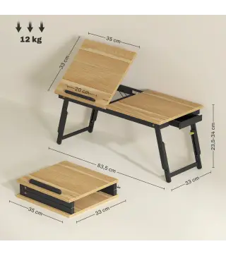 Mesa Reclinable para Cama y Sofá Bandeja Plegable con Cajón Lateral para Ordenador Portátil Libros Cinco Alturas Roble