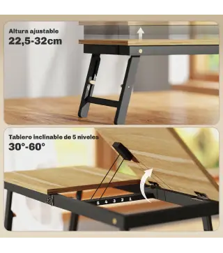 Mesa Reclinable para Cama y Sofá Bandeja Plegable con Cajón Lateral para Ordenador Portátil Libros Cinco Alturas Roble