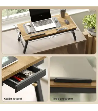 Mesa Reclinable para Cama y Sofá Bandeja Plegable con Cajón Lateral para Ordenador Portátil Libros Cinco Alturas Roble