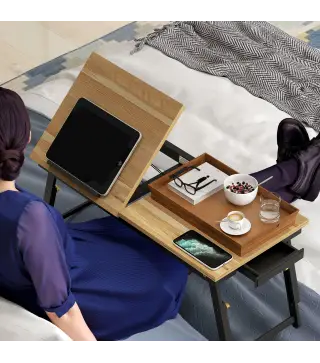 Mesa Reclinable para Cama y Sofá Bandeja Plegable con Cajón Lateral para Ordenador Portátil Libros Cinco Alturas Roble