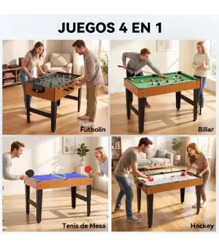 Mesa Multijuegos 4 en 1 con Futbolín Billar Hockey de Mesa y Ping-pong para Niños y Adultos 107x61x84,5 cm Natural