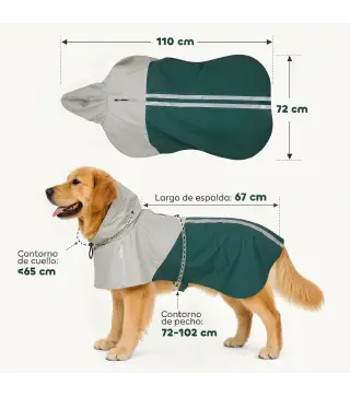 Impermeable para Perros con Capucha Chubasquero Agujero para Correa Tiras Reflectantes Perros Grandes 20-30 kg L Verde
