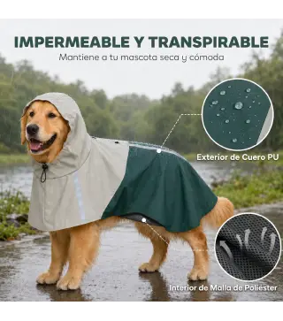 Impermeable para Perros con Capucha Chubasquero Agujero para Correa Tiras Reflectantes Perros Grandes 20-30 kg L Verde