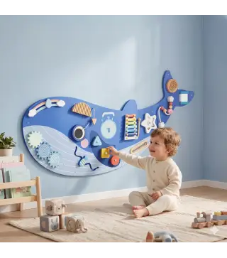 Tablero Sensorial Montessori Tema Ballena Busy Board Panel Sensorial Montessori 13 en 1 para Niños +2 Años Azul