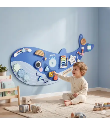 Tablero Sensorial Montessori Tema Ballena Busy Board Panel Sensorial Montessori 13 en 1 para Niños +2 Años Azul