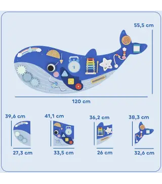 Tablero Sensorial Montessori Tema Ballena Busy Board Panel Sensorial Montessori 13 en 1 para Niños +2 Años Azul