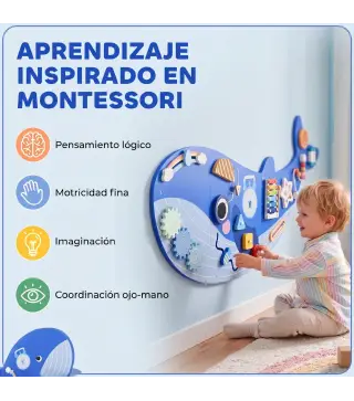 Tablero Sensorial Montessori Tema Ballena Busy Board Panel Sensorial Montessori 13 en 1 para Niños +2 Años Azul