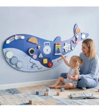 Tablero Sensorial Montessori Tema Ballena Busy Board Panel Sensorial Montessori 13 en 1 para Niños +2 Años Azul