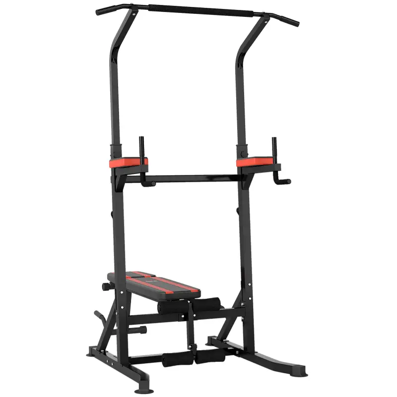 Estación de Musculación Plegable Altura Ajustable con Barra de Dominadas Banco Reclinable para Gimnasio Negro y Rojo