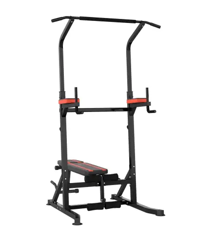 Estación de Musculación Plegable Altura Ajustable con Barra de Dominadas Banco Reclinable para Gimnasio Negro y Rojo