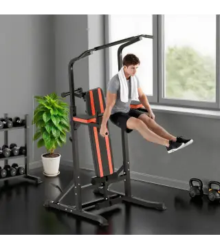 Estación de Musculación Plegable Altura Ajustable con Barra de Dominadas Banco Reclinable para Gimnasio Negro y Rojo