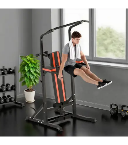 Estación de Musculación Plegable Altura Ajustable con Barra de Dominadas Banco Reclinable para Gimnasio Negro y Rojo