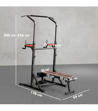 Estación de Musculación Plegable Altura Ajustable con Barra de Dominadas Banco Reclinable para Gimnasio Negro y Rojo