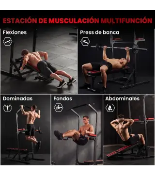 Estación de Musculación Plegable Altura Ajustable con Barra de Dominadas Banco Reclinable para Gimnasio Negro y Rojo