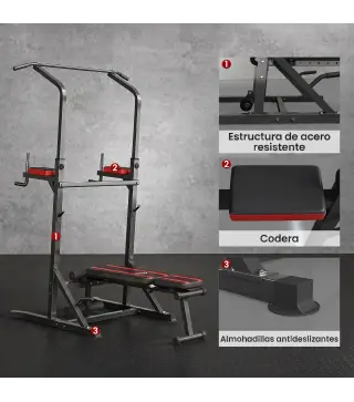 Estación de Musculación Plegable Altura Ajustable con Barra de Dominadas Banco Reclinable para Gimnasio Negro y Rojo