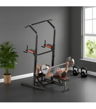 Estación de Musculación Plegable Altura Ajustable con Barra de Dominadas Banco Reclinable para Gimnasio Negro y Rojo