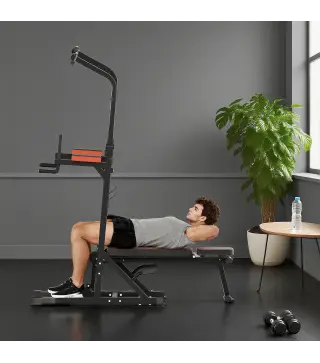 Estación de Musculación Plegable Altura Ajustable con Barra de Dominadas Banco Reclinable para Gimnasio Negro y Rojo