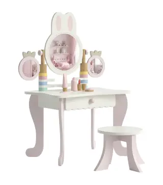 Tocador de Maquillaje para Niñas con Taburete Espejos Giratorios Cajón 6 Accesorios Bandejas Laterales para +3 Años Rosa