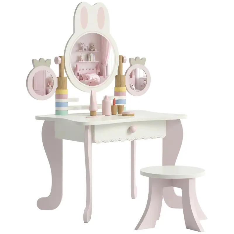 Tocador de Maquillaje Niñas con Taburete Espejos Giratorios Cajón 6 Accesorios Bandejas Laterales para +3 Años Rosa