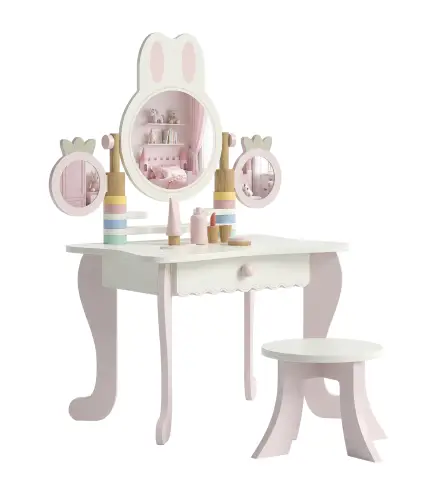 Tocador de Maquillaje para Niñas con Taburete Espejos Giratorios Cajón 6 Accesorios Bandejas Laterales para +3 Años Rosa