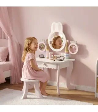 Tocador de Maquillaje para Niñas con Taburete Espejos Giratorios Cajón 6 Accesorios Bandejas Laterales para +3 Años Rosa