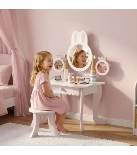 Tocador de Maquillaje para Niñas con Taburete Espejos Giratorios Cajón 6 Accesorios Bandejas Laterales para +3 Años Rosa