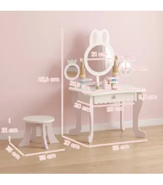 Tocador de Maquillaje para Niñas con Taburete Espejos Giratorios Cajón 6 Accesorios Bandejas Laterales para +3 Años Rosa