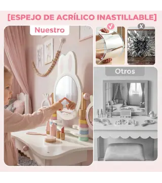 Tocador de Maquillaje para Niñas con Taburete Espejos Giratorios Cajón 6 Accesorios Bandejas Laterales para +3 Años Rosa