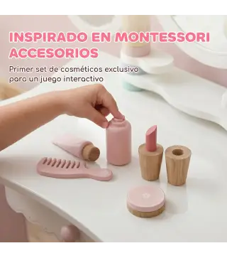 Tocador de Maquillaje para Niñas con Taburete Espejos Giratorios Cajón 6 Accesorios Bandejas Laterales para +3 Años Rosa