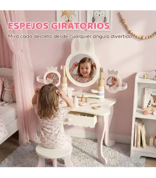 Tocador de Maquillaje para Niñas con Taburete Espejos Giratorios Cajón 6 Accesorios Bandejas Laterales para +3 Años Rosa