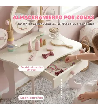 Tocador de Maquillaje para Niñas con Taburete Espejos Giratorios Cajón 6 Accesorios Bandejas Laterales para +3 Años Rosa
