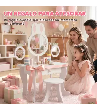 Tocador de Maquillaje para Niñas con Taburete Espejos Giratorios Cajón 6 Accesorios Bandejas Laterales para +3 Años Rosa