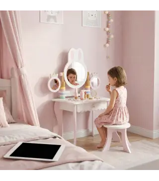 Tocador de Maquillaje para Niñas con Taburete Espejos Giratorios Cajón 6 Accesorios Bandejas Laterales para +3 Años Rosa