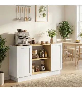 Aparador Moderno con 2 Estantes Abiertos y 2 Puertas de Cierre Suave para Comedor Salón 133x35x79,7 cm Natural y Blanco