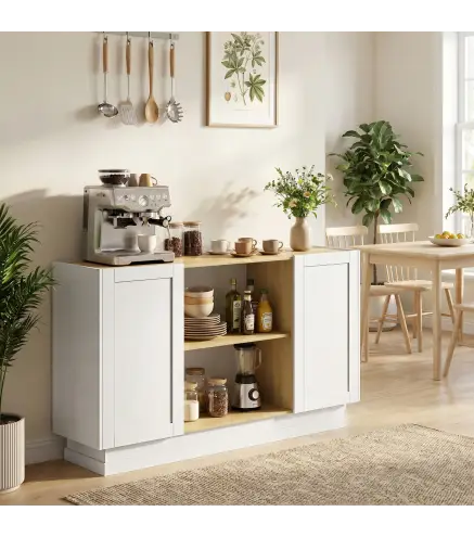 Aparador Moderno con 2 Estantes Abiertos y 2 Puertas de Cierre Suave para Comedor Salón 133x35x79,7 cm Natural y Blanco