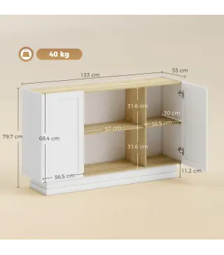 Aparador Moderno con 2 Estantes Abiertos y 2 Puertas de Cierre Suave para Comedor Salón 133x35x79,7 cm Natural y Blanco