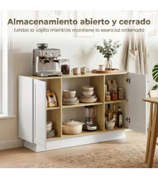 Aparador Moderno con 2 Estantes Abiertos y 2 Puertas de Cierre Suave para Comedor Salón 133x35x79,7 cm Natural y Blanco