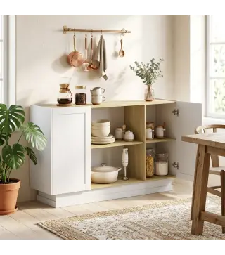 Aparador Moderno con 2 Estantes Abiertos y 2 Puertas de Cierre Suave para Comedor Salón 133x35x79,7 cm Natural y Blanco