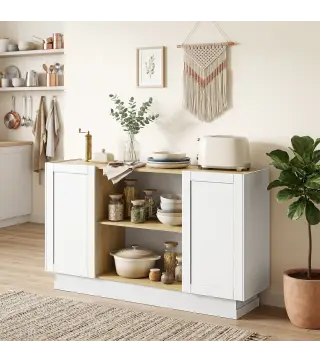 Aparador Moderno con 2 Estantes Abiertos y 2 Puertas de Cierre Suave para Comedor Salón 133x35x79,7 cm Natural y Blanco