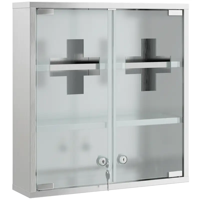 Botiquín de Pared con Cerradura Puertas de Cristal Estantes y 2 Llaves para Baño Cocina 46x12x48 cm Plateado Botiquín de Pared con Cerradura Puertas de Cristal Estantes y 2 Llaves para Baño Cocina 46x12x48 cm Plateado