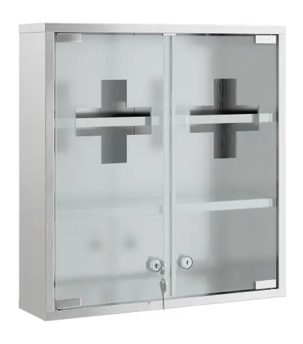 Botiquín de Pared con Cerradura Puertas de Cristal Estantes y 2 Llaves para Baño Cocina 46x12x48 cm Plateado